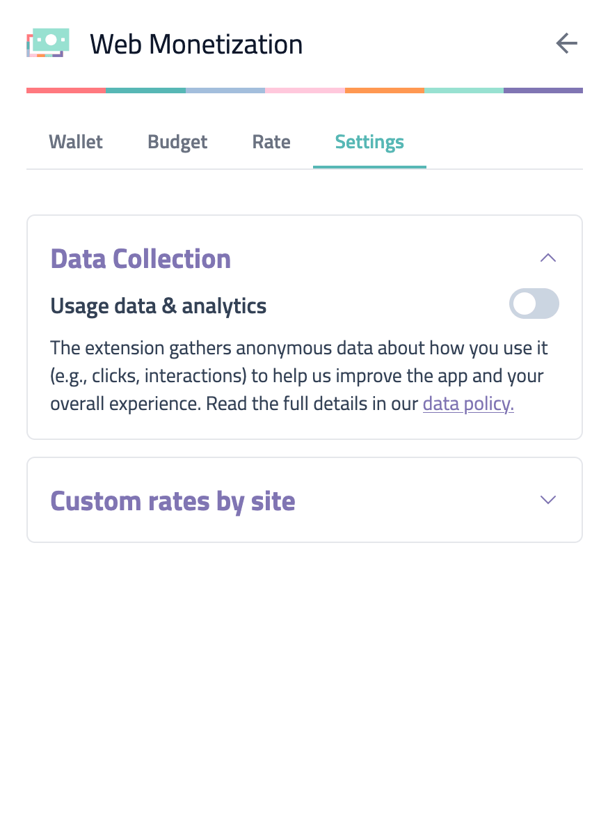 Settings tab showing data collection of usage data and analytics is disabled