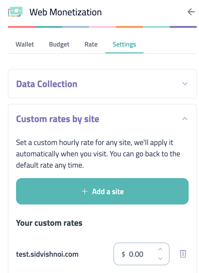 Settings tab with expanded custom rates by site panel expanded, showing site test.sidvishnoi.com with a custom rate of $0.00