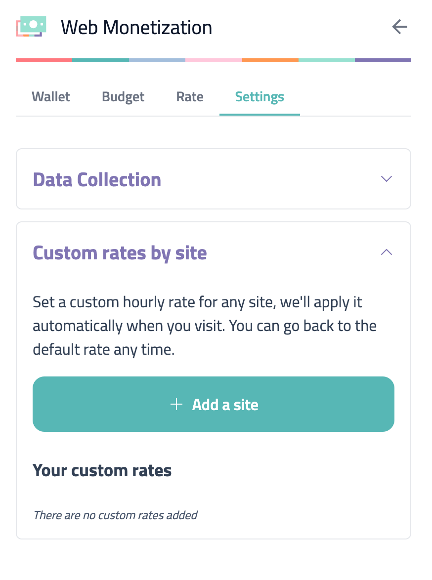 Settings tab with the custom rates by site panel expanded and the add a site button available