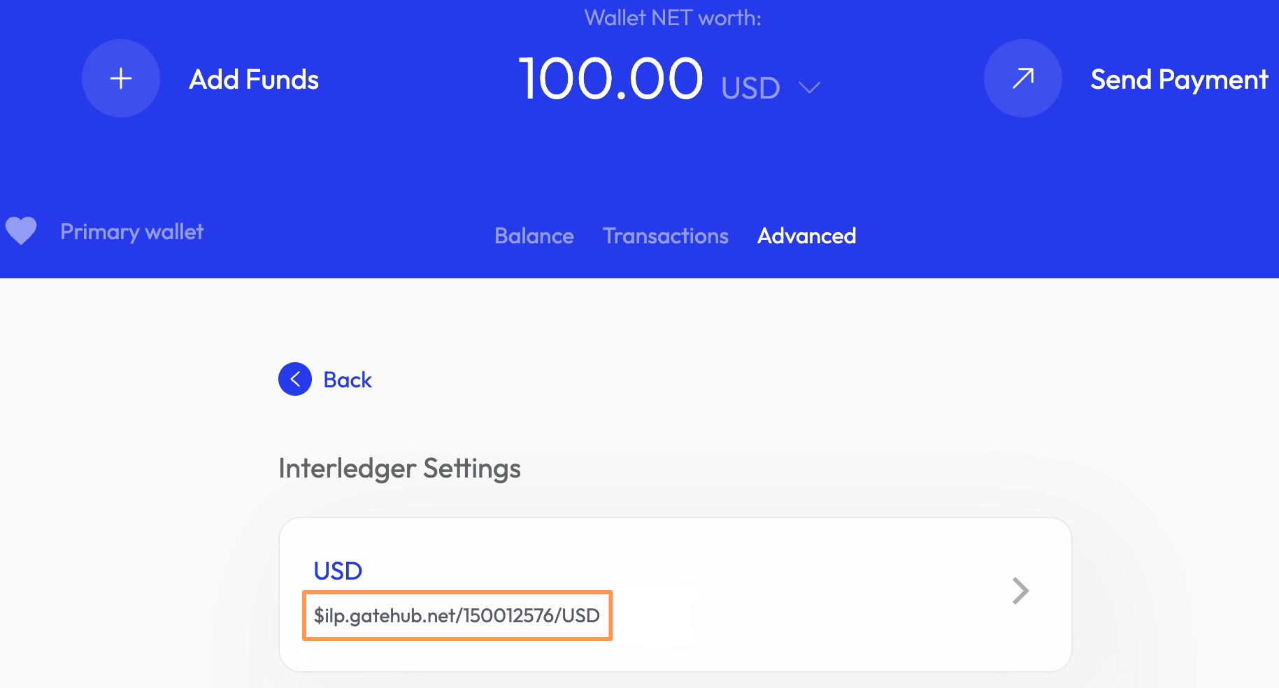 Interledger settings section showing the user's payment pointer