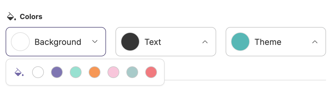 Panel showing background, text, and theme color previews. Selecting a preview opens a menu with a paint can icon and a set of preselected colors to choose from