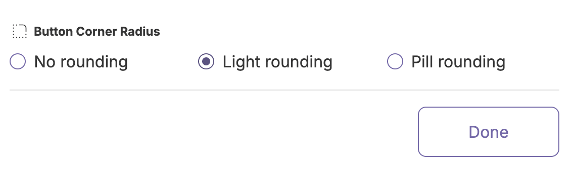 Panel showing paywall button corner radius options of no, light, and pill rounding