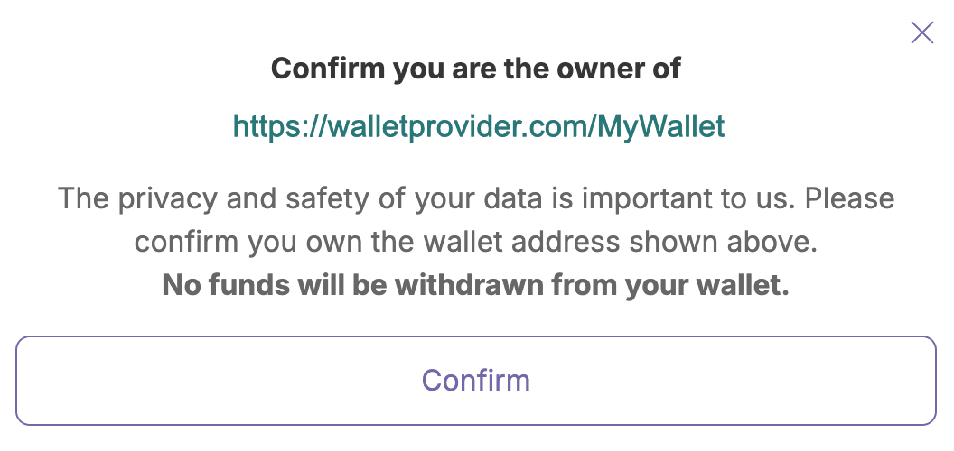 Confirmation prompt showing wallet address and confirm button